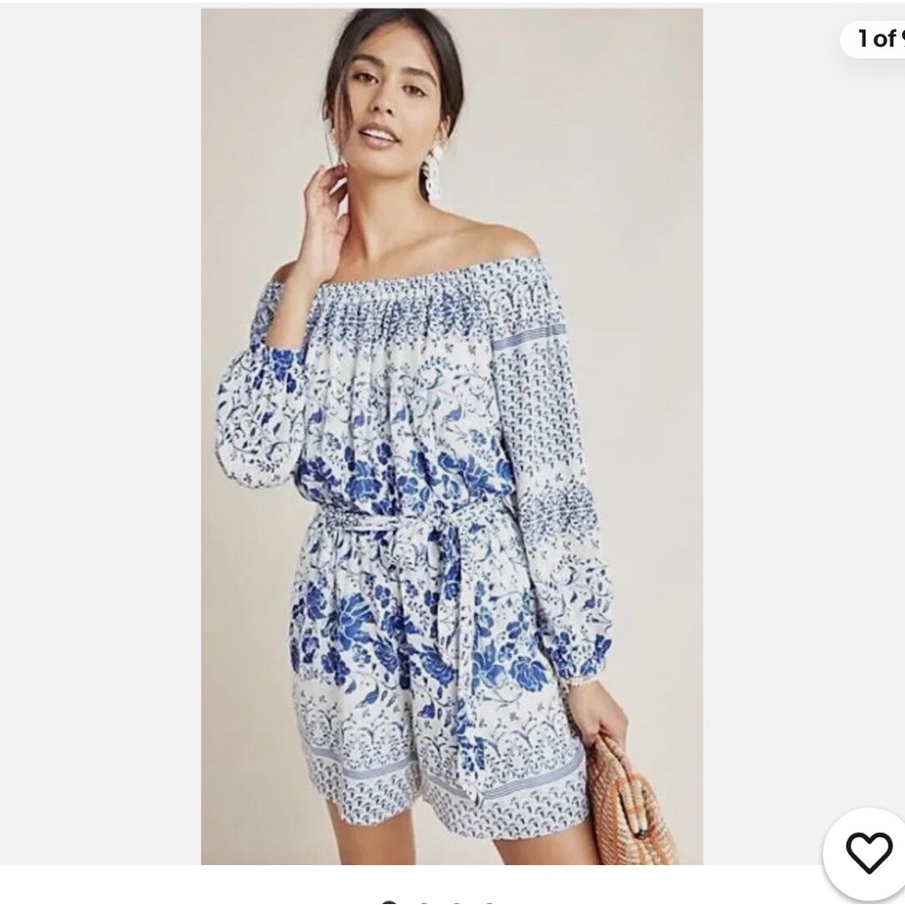 Anthropologie White and Blue Off-Shoulder Floral Romper